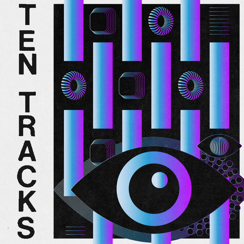 The cover art for Ten Tracks 1 depicts psychedelic columns and shapes and an all-knowing eye. Artwork by Jodi Hunt, a freelance graphic designer