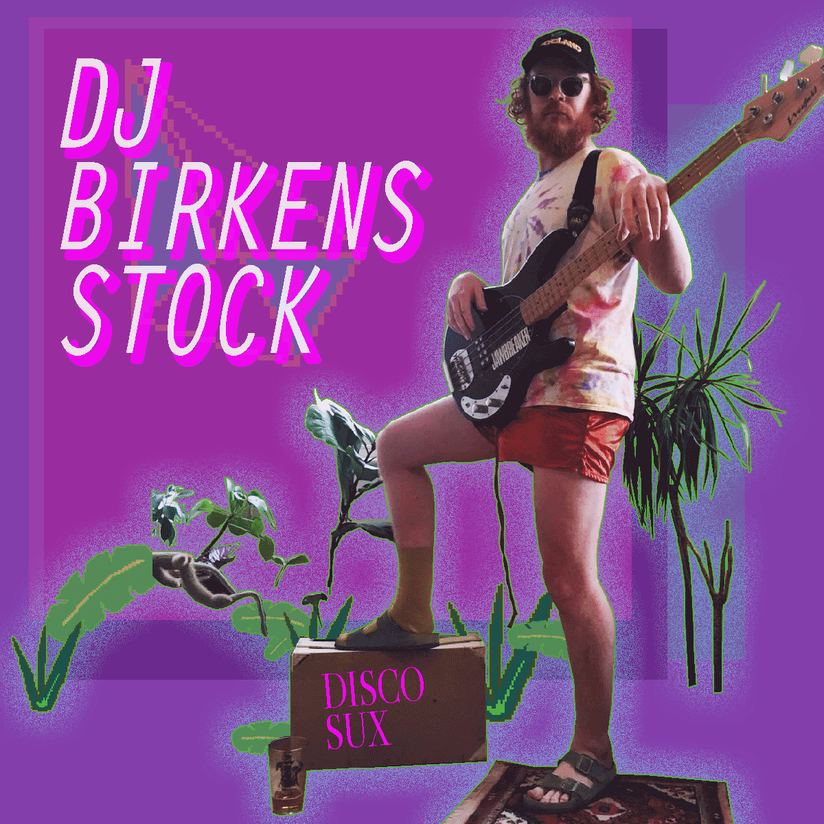 Cover for the Midnight Mischief mix shows DJ Birkens Tock playing bass guitar in a pink neon jungle