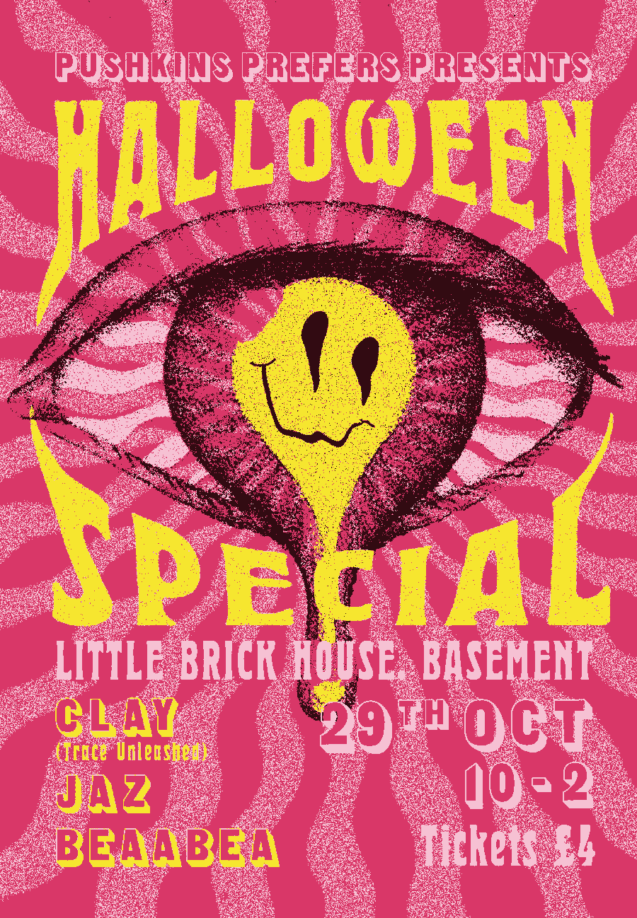 the poster for our Halloween party shows an acid house smiley at the center of a teardrop, with psychedelic waves eminating from an eye. there is funky typography listing the event details