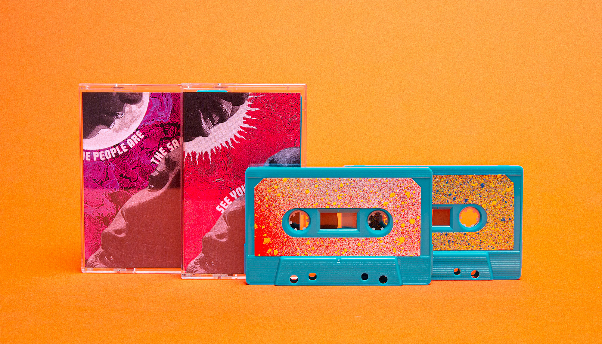 The different cassette cover versions of Sunlight/Moonlight show a woman's face looking up towards the sun/moon respectively, with a psychedelic background. The tapes are colourful and spray-painted